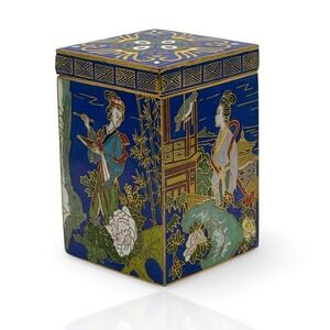 Vintage Cloisonne Enamel Trinket Box Blue Asian Figural Scenes Jewelry Case 3in